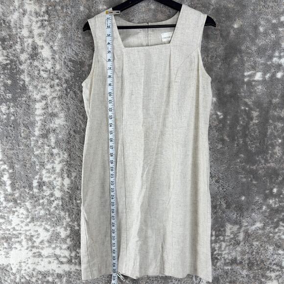 Connie Choi Size S Linen Blend Square Neck Mini Shift Dress Beige Sleeveless Zip - Picture 3 of 10